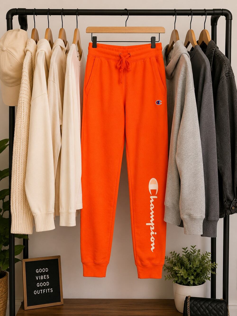 Champion Neon Orange Jogger Sweatpants Logo Leg Athletic Lounge S